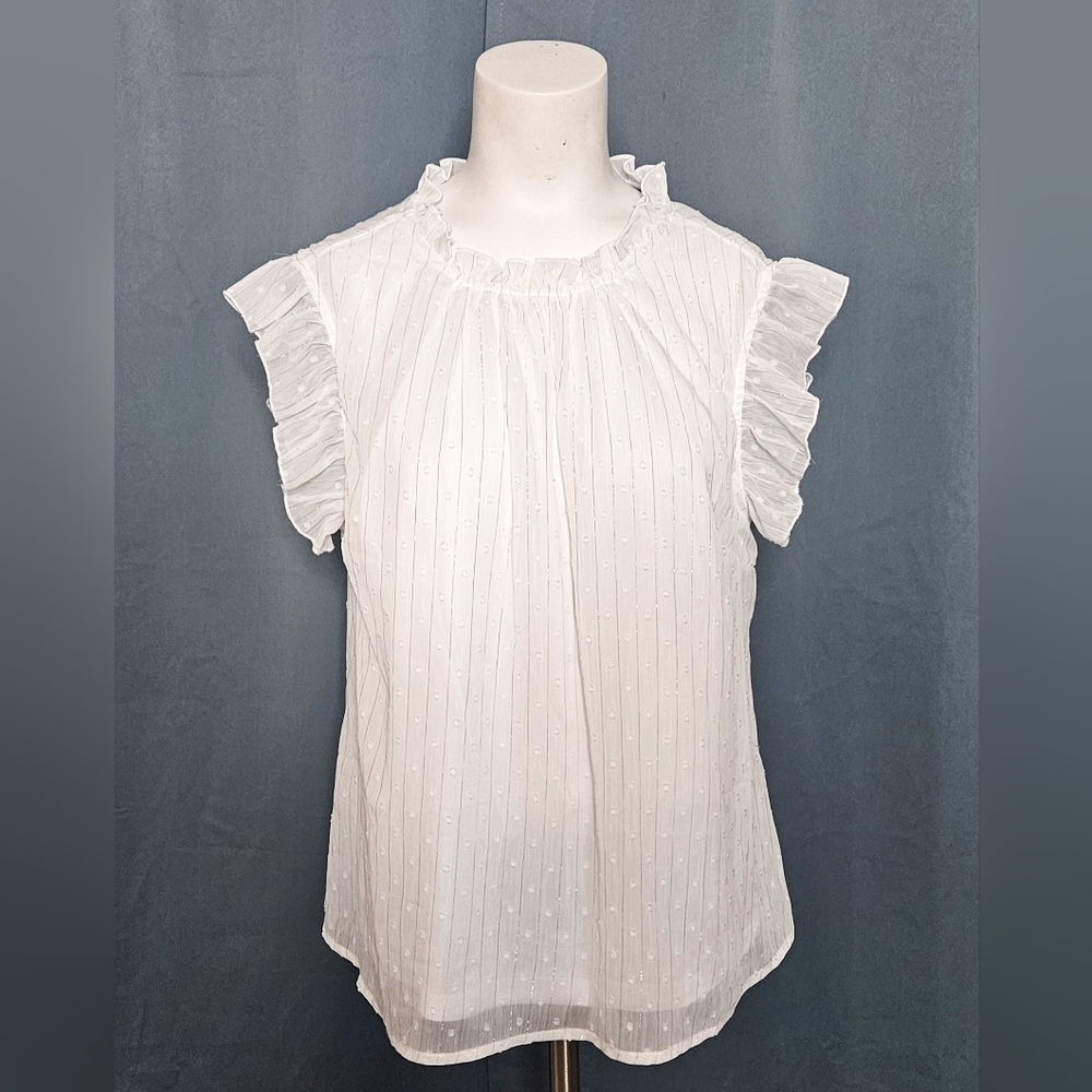 A Love Story White Ruffle‎ Flutter Sleeves Textured Dot Blouse Size PXL